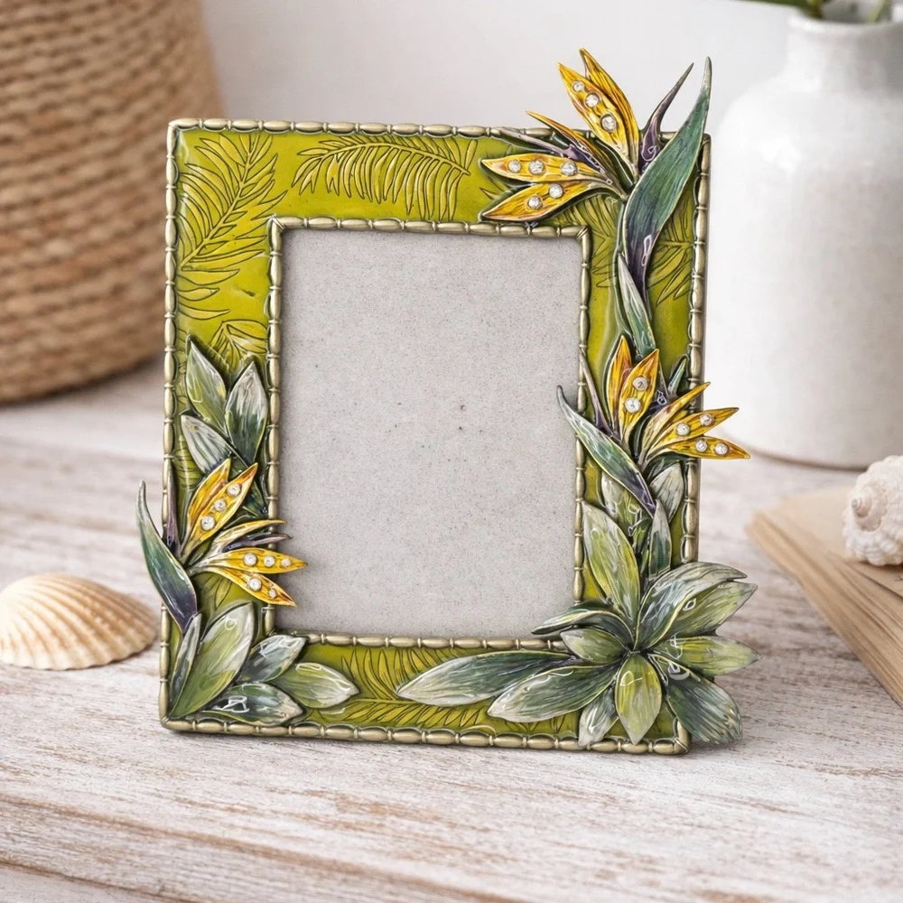 Green Floral Enamel Photo Frame with Crystal Accents - Unbranded